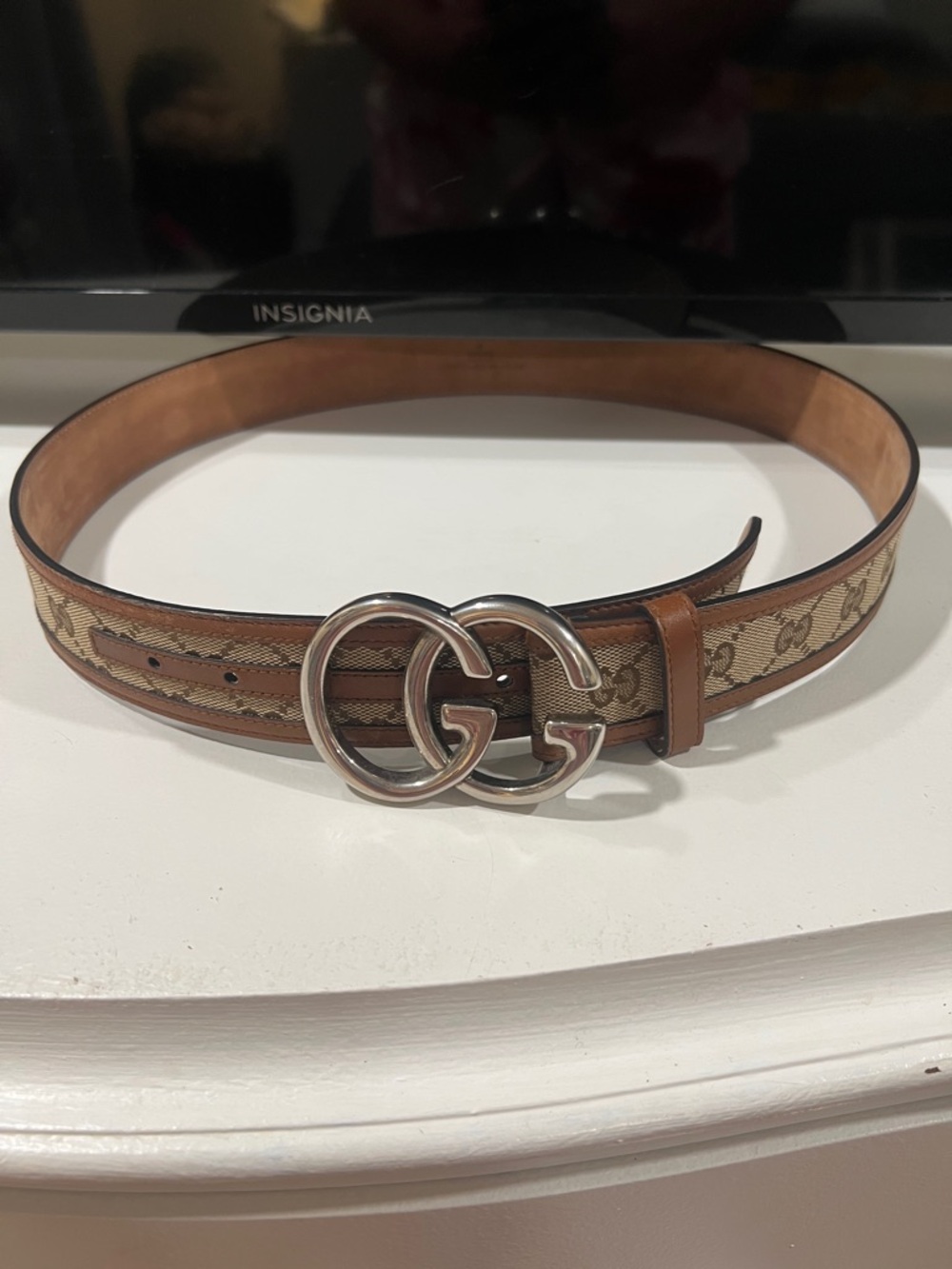Gucci GG Canvas Belt with Silver Double G Buckle in Brown and Beige
